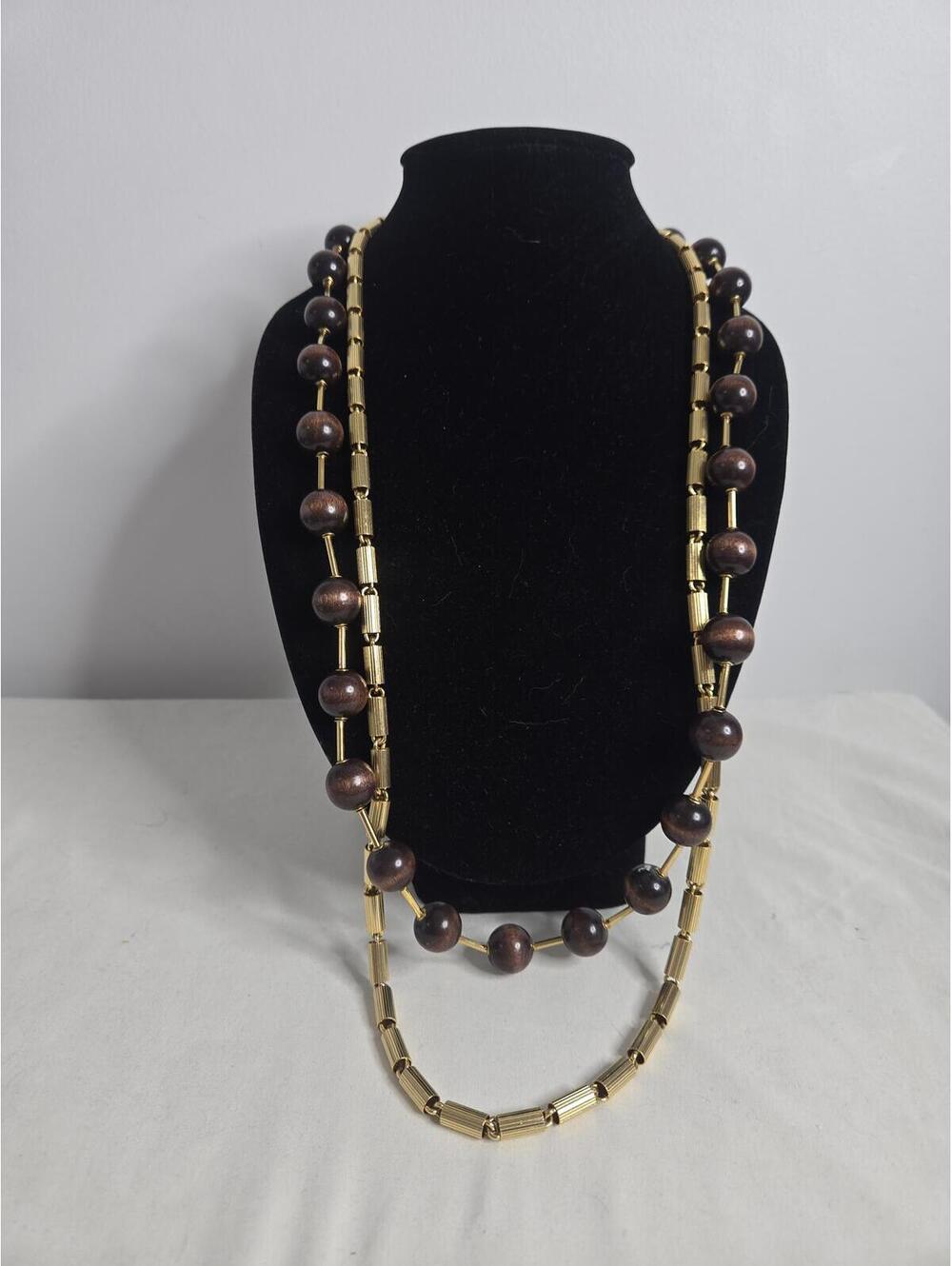 Vintage Vendome Necklaces Set of 2 Gold Tone Long Tubular Wood Bead Layering